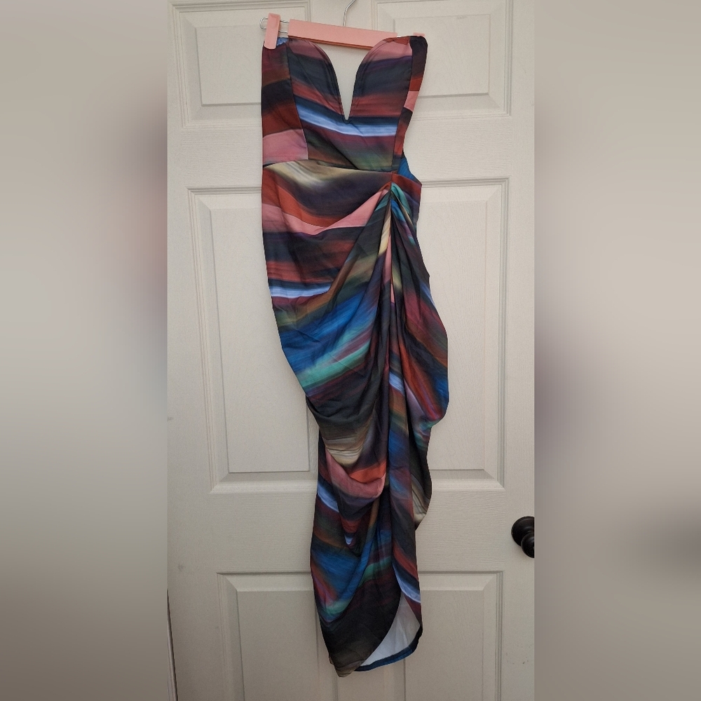 Pretty Little Things Multi Blurred Print Woven Bandeau Gathered Hip Maxi Dress 6